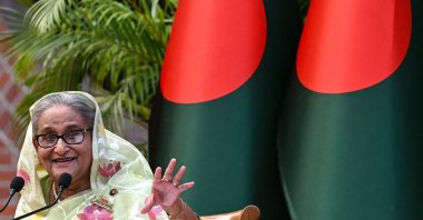 Bangladesh PM Sheikh Hasina gestures while speaking to the media, in Dhaka, Bangladesh, Jan. 8, 2024. (AFP Photo)