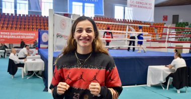 Turkish boxer Buse Naz Çakıroğlu poses for a photo after an interview, Kocaeli, Türkiye, Jan. 8, 2024. (AA Photo)