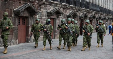 Soldiers patrol a street in Quito, Ecuador, Jan. 9, 2024. (EPA Photo)