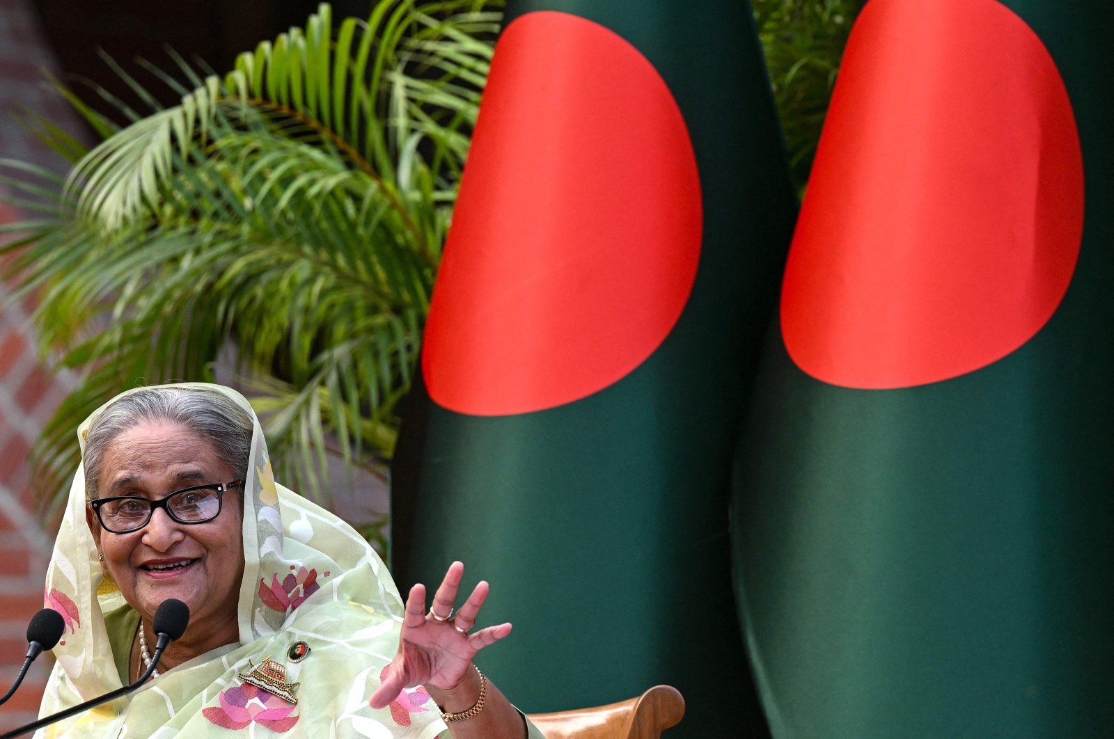 Bangladesh PM Sheikh Hasina gestures while speaking to the media, in Dhaka, Bangladesh, Jan. 8, 2024. (AFP Photo)