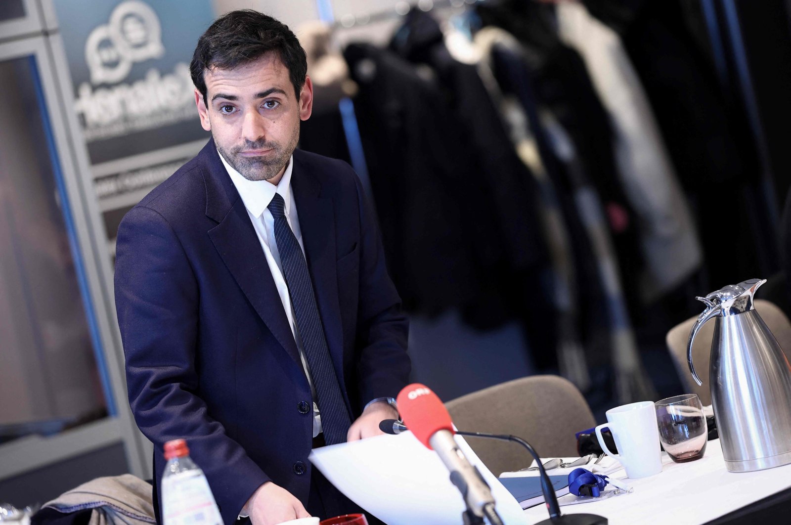 French European MP and President of the Renew Europe Group Stephane Sejourne arrives for a news conference on Renew Europe priorities in the coming election year in Brussels, on Jan. 9, 2024. (AFP Photo)