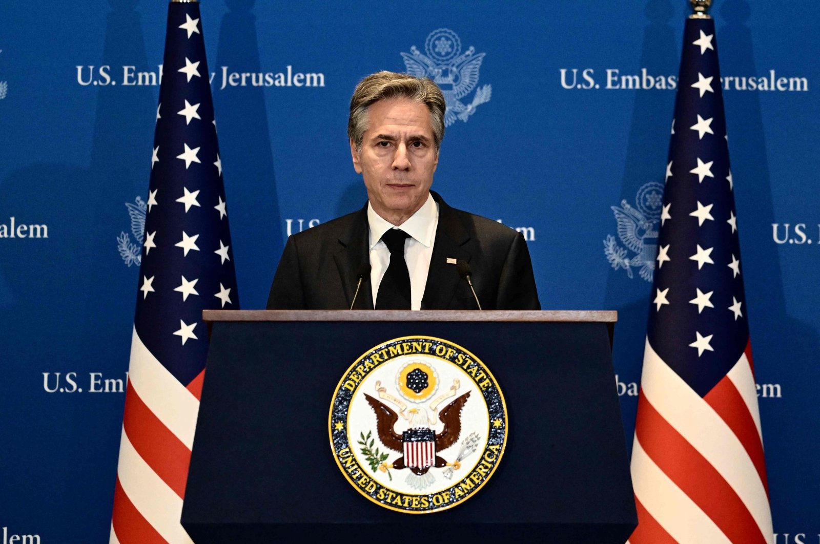 US Secretary of State Antony Blinken addresses a press conference in Tel Aviv on January 9, 2024, during his week-long trip aimed at calming tensions across the Middle East, amid continuing battles between Israel and the Palestinian militant group Hamas in Gaza. (Photo by Alberto PIZZOLI / AFP)
