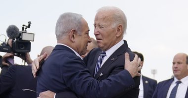 President Joe Biden (R) is greeted by Israeli Prime Minister Benjamin Netanyahu after arriving at Ben Gurion International Airport, Tel Aviv, Israel, Oct. 18, 2023. (AP Photo)