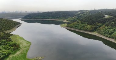 An aerial view of Alibeyköy Dam, an essential water source for Istanbul, rebounded from 12% to 64.5%, Istanbul, Türkiye, Jan. 10, 2023. (DHA Photo)