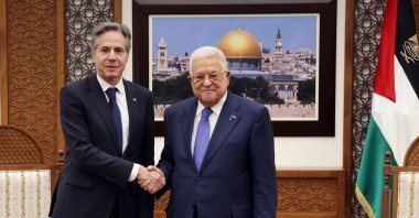 United States Secretary of State Antony Blinken shakes hand with President Mahmoud Abbas in Ramallah, Palestine, Jan. 10, 2024. (AA Photo)