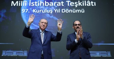 President Recep Tayyip Erdoğan greets the crowd with MIT Director Ibrahim Kalın at the event, in the capital Ankara, Türkiye, Jan. 10, 2024. (AA Photo)