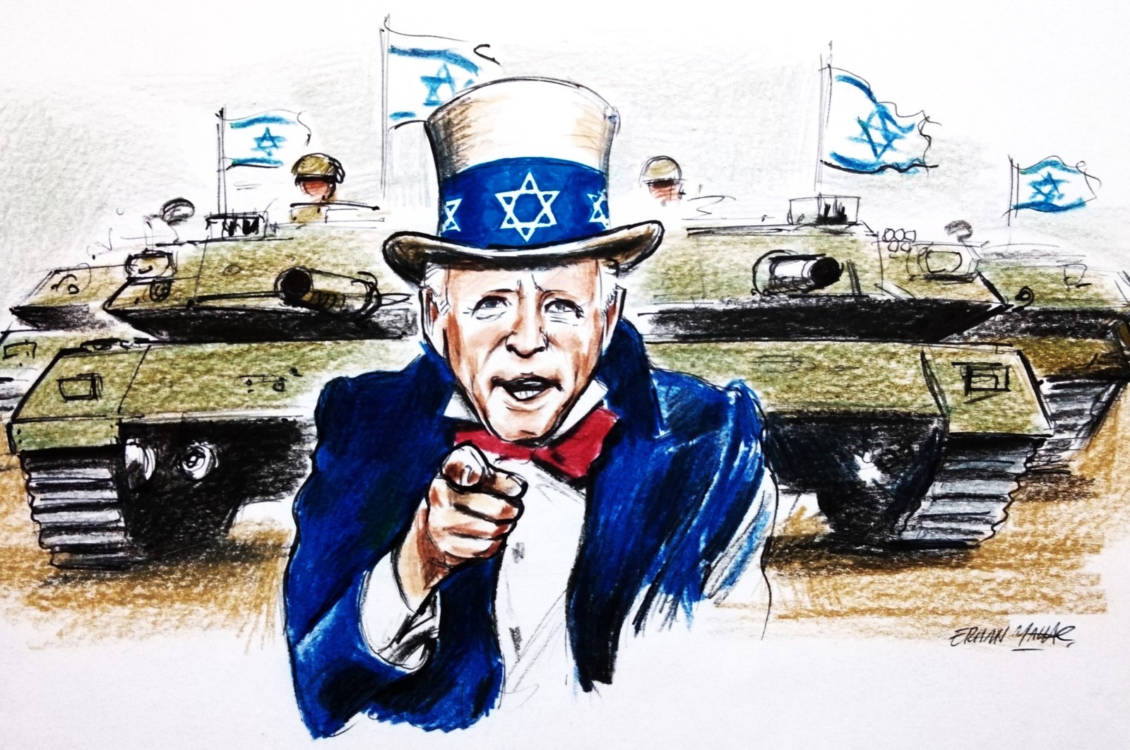&quot;While the White House routinely champions values such as peace, freedom and human rights, its staunch support of Israel highlights a glaring contradiction between American rhetoric and action. Such inconsistencies and double standards, as exemplified in Washington’s position toward the Ukraine war, further corrode trust in the international order under U.S. leadership.&quot; (Illustration by Erhan Yalvaç)