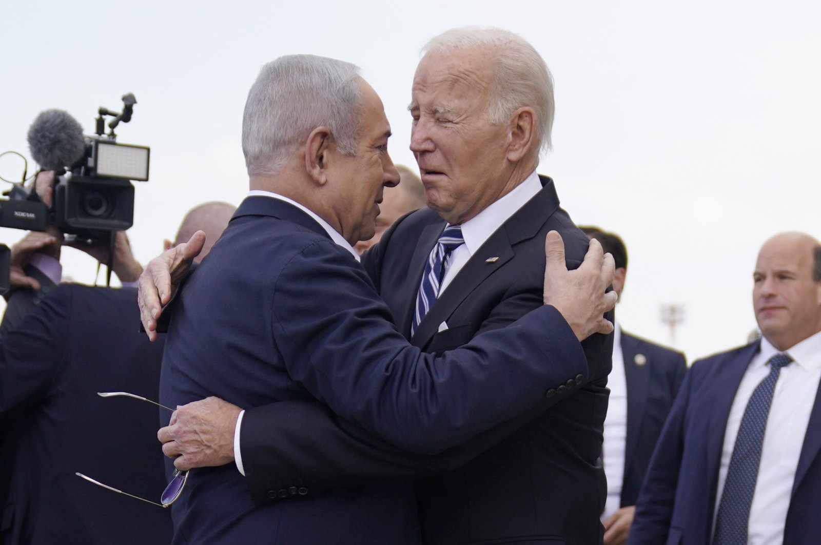 President Joe Biden (R) is greeted by Israeli Prime Minister Benjamin Netanyahu after arriving at Ben Gurion International Airport, Tel Aviv, Israel, Oct. 18, 2023. (AP Photo)