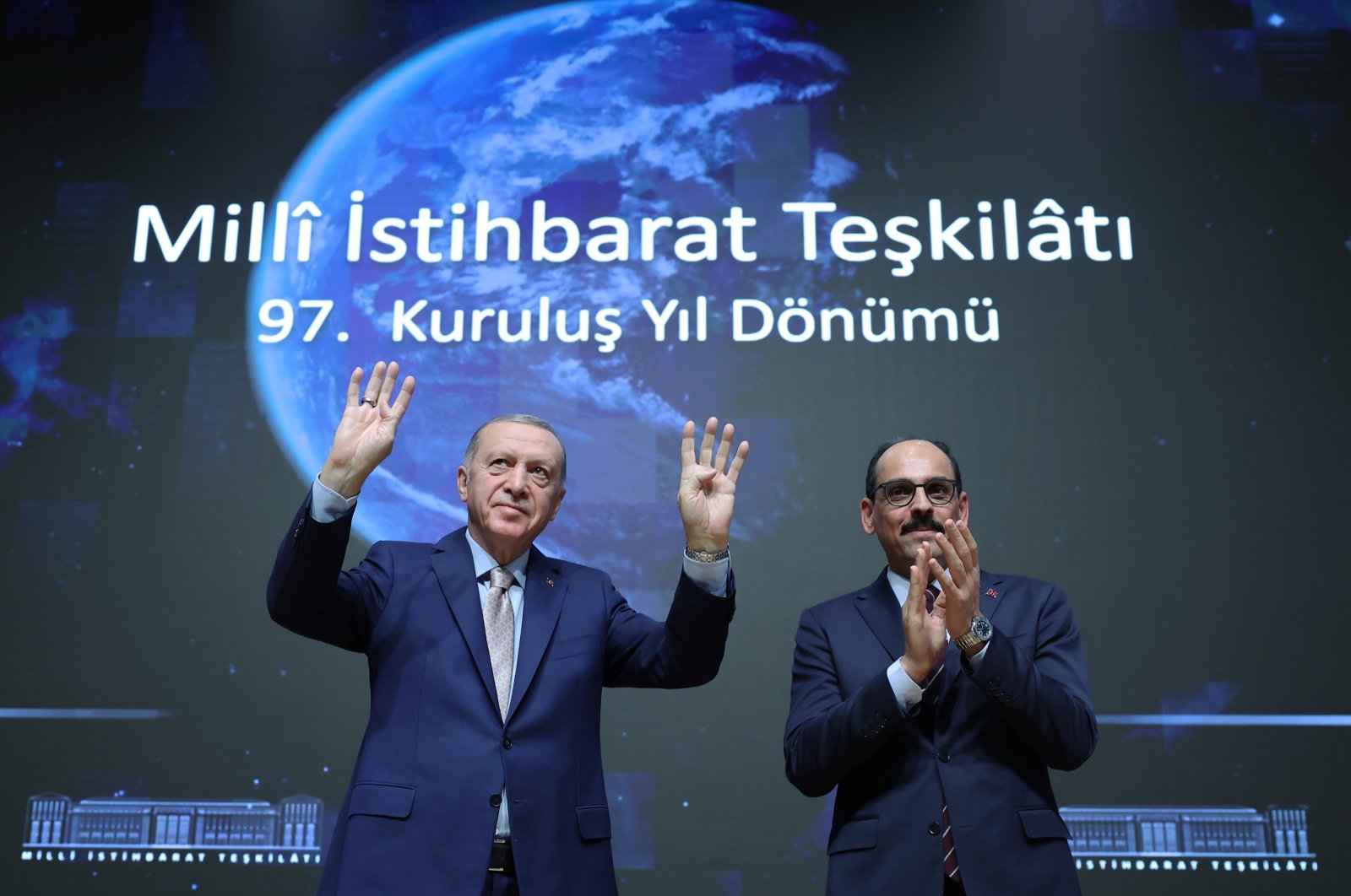 President Recep Tayyip Erdoğan greets the crowd with MIT Director Ibrahim Kalın at the event, in the capital Ankara, Türkiye, Jan. 10, 2024. (AA Photo)