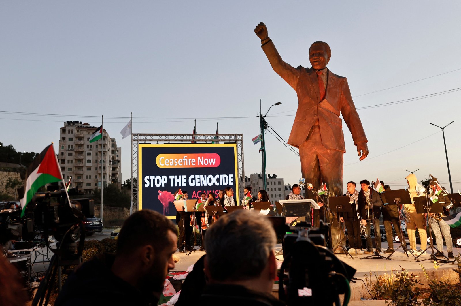 The statue of late South African President Nelson Mandela stands in Ramallah on the eve of South Africa&#039;s "genocide" case against Israel goes to the International Court of Justice, Jan. 10, 2024. (AFP Photo)