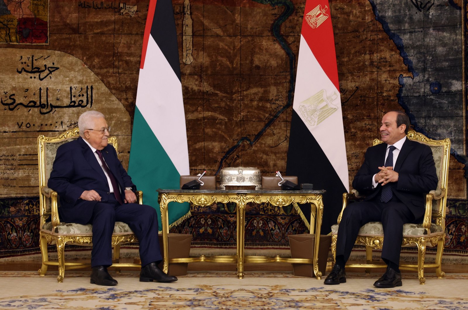 A handout photo made available by the Palestinian President&#039;s Office (PPO) shows Palestinian President Mahmoud Abbas (Left)  meeting with the Egyptian President Abdel Fattah el-Sissi  (Right) in Cairo, Egypt, Jan. 8, 2024. (EPA Photo)