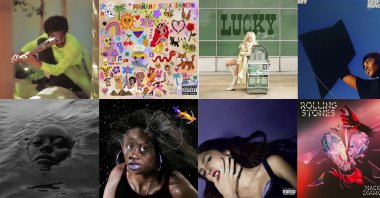 This combination of photos shows album art for, top row from left, "New Blue Sun” by Andre 3000, "Manana Sera Bonito”  by Karol G, "Lucky" by Megan Moroney, "My Soft Machine " by Arlo Parks, "Genesis" by Peso Pluma, second row from left, "Raven" by Kelela, "Sundial" by Noname, "GUTS" by Olivia Rodrigo, "Hackney Diamonds" by The Rolling Stones and "Rat Saw God" by Wednesday. (AP Photo)