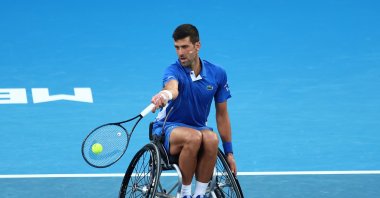 Serbia's Novak Djokovic plays a shot during A Night with Novak & Friends at Rod Laver Arena ahead of the 2024 Australian Open at Melbourne Park, Melbourne, Australia, Jan. 11, 2024. (Getty Images Photo)