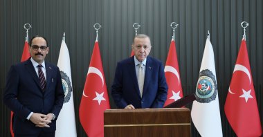 President Recep Tayyip Erdoğan (C) greets the crowd with National Intelligence Organization (MIT) Director Ibrahim Kalın at the event, in the capital Ankara, Türkiye, Jan. 10, 2024. (AA Photo)