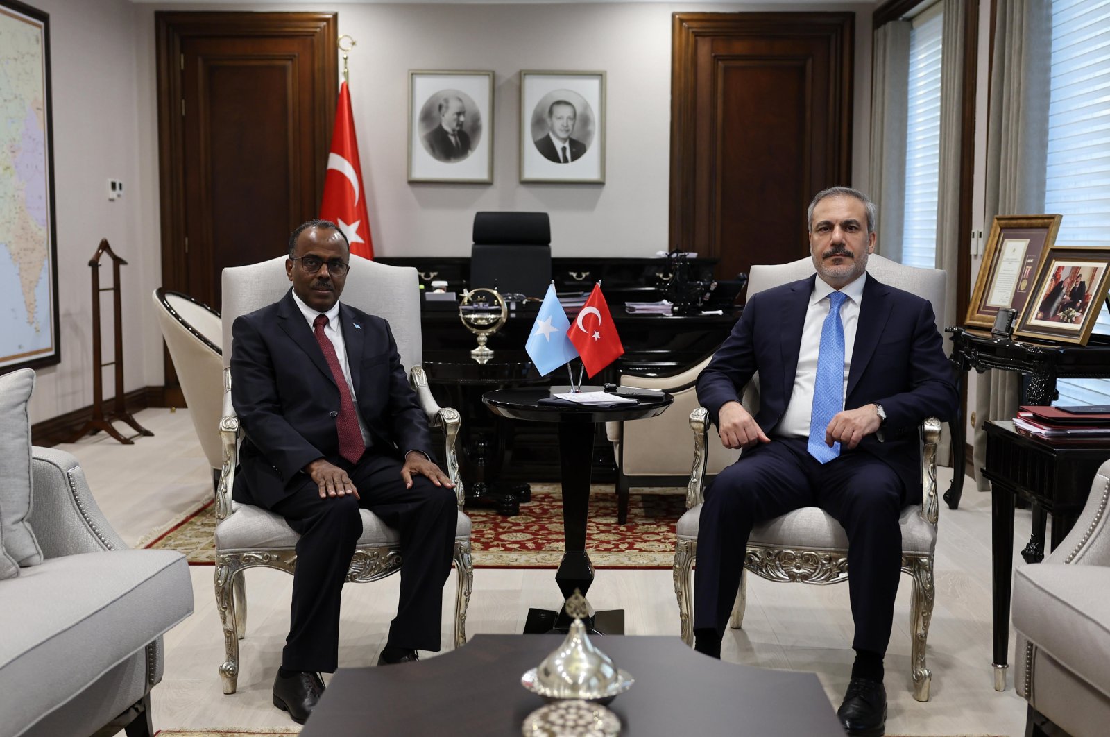 Foreign Minister Hakan Fidan and Somalia&#039;s Acting Foreign Minister Ali Omar Balad in Ankara, Türkiye, Jan. 11, 2023. (AA Photo)