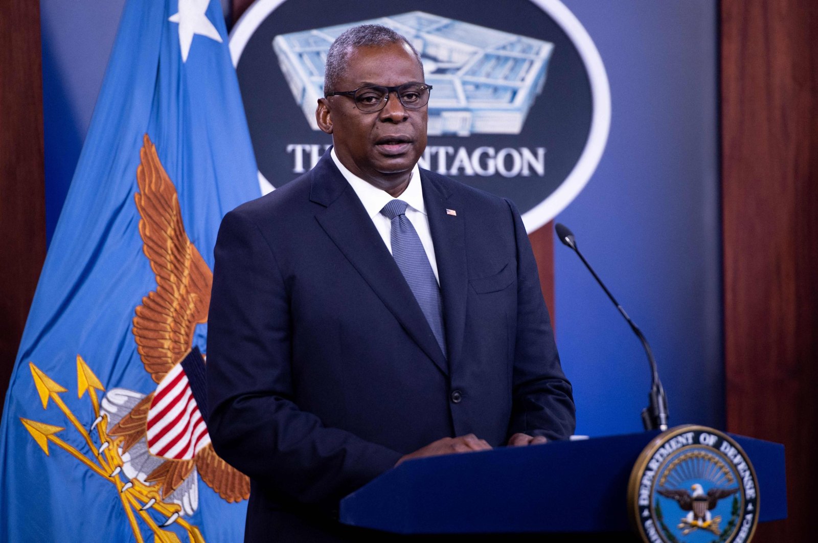 U.S. Secretary of Defense Lloyd Austin holds a press briefing about the military drawdown in Afghanistan at the Pentagon, Washington, D.C. Sept. 1, 2021. (AFP Photo)