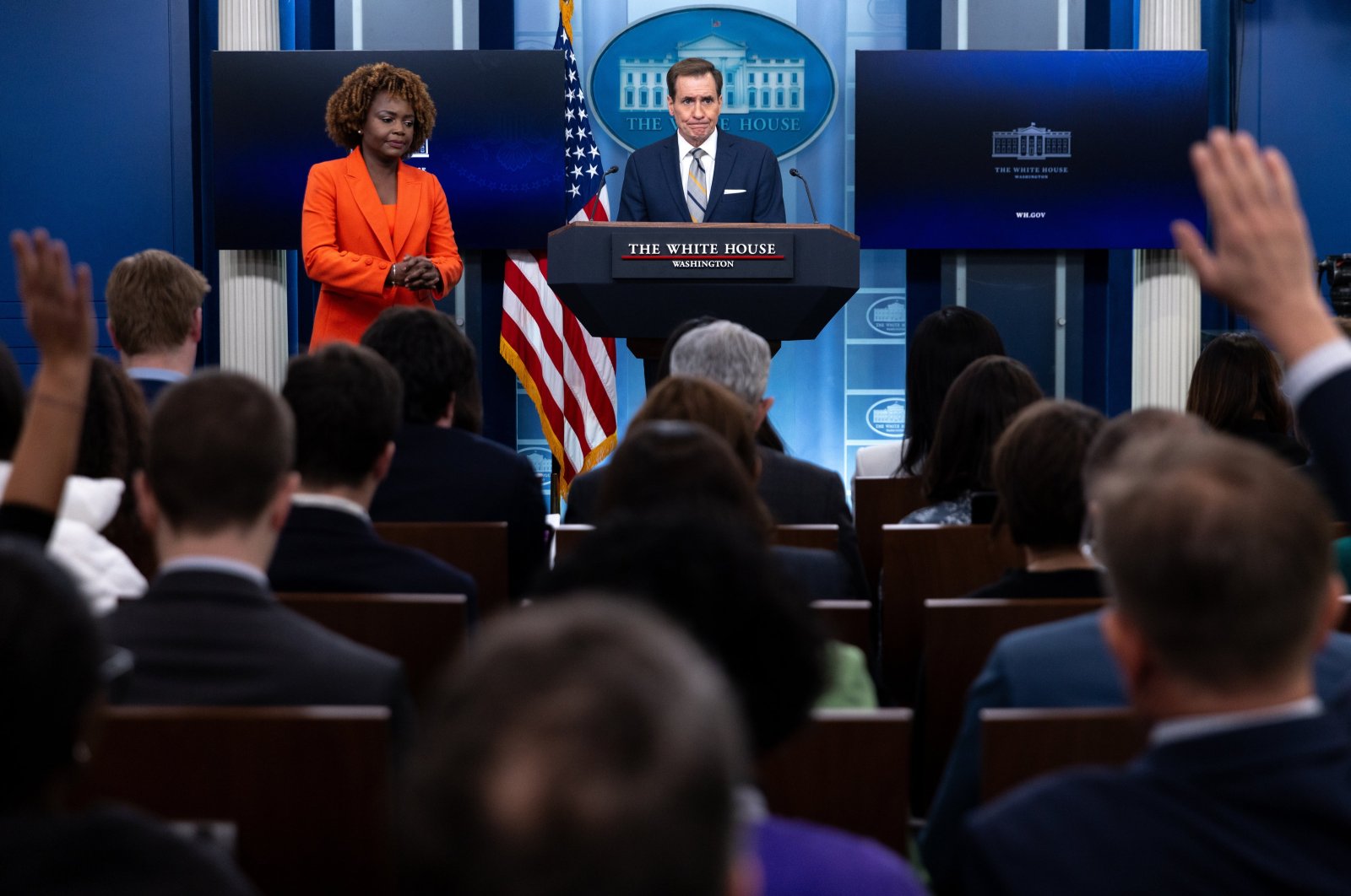 White House Press Secretary Karine Jean-Pierre looks on as National Security Council Coordinator for Strategic Communications John Kirby speaks during the press briefing at the White House in Washington, D.C., U.S., Jan. 11, 2024. (EPA Photo)