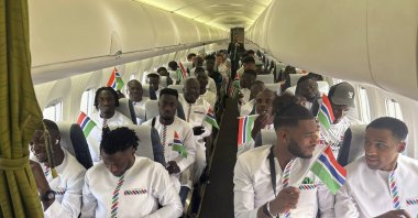 The Gambia national team aboard a plane, Banjul, Gambia, Jan. 10, 2024. (AP Photo)