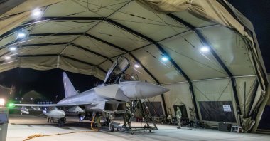  A handout photo made available by the British Royal Air Force (RAF) shows an RAF Typhoon aircraft sitting at RAF Akrotiri base in Cyprus, Jan. 12, 2024. (EPA via British Royal Air Force)