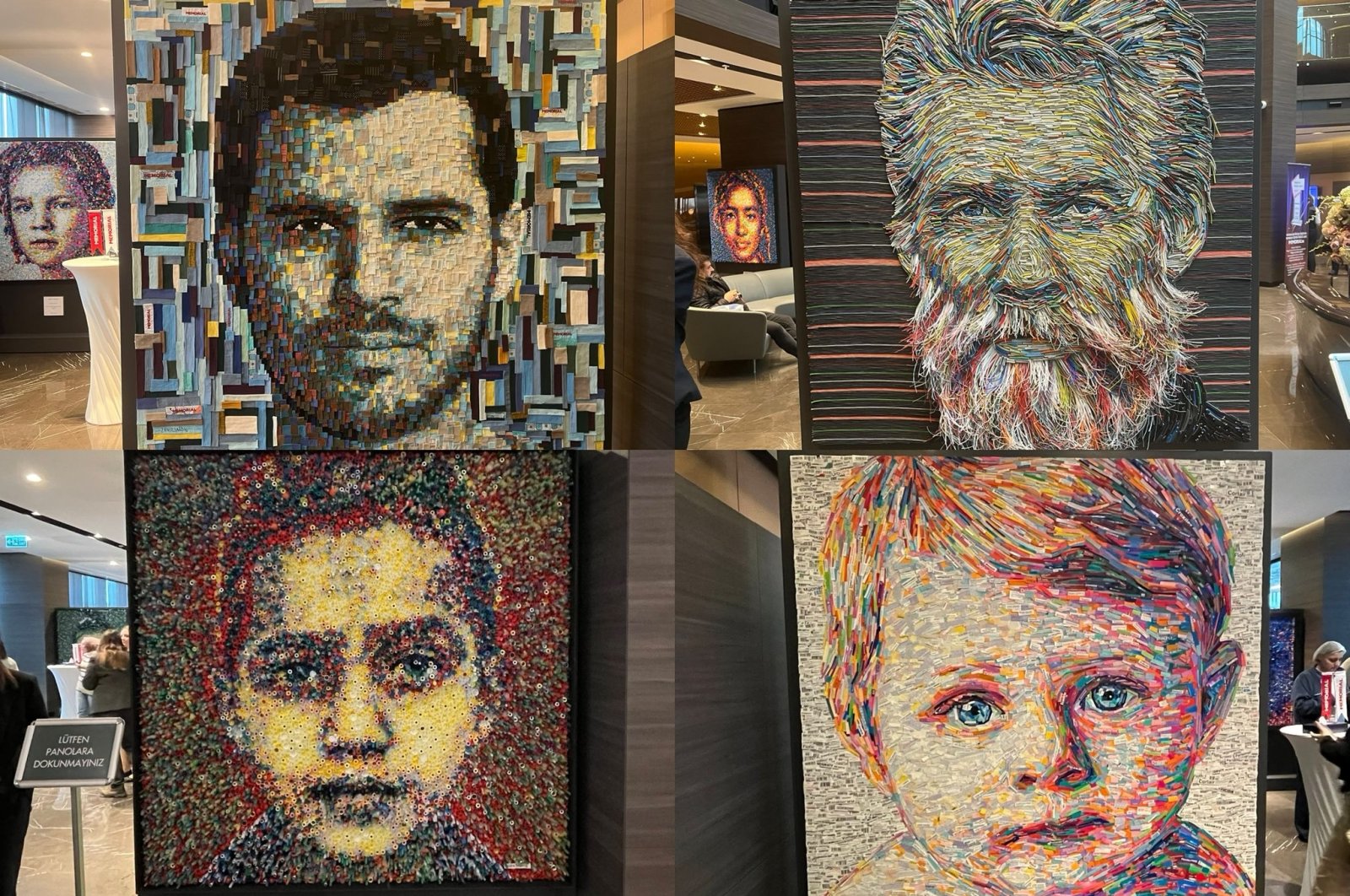 A frame capturing portraits meticulously crafted from various medical waste in the "Art Heals" themed exhibition, Istanbul, Türkiye, Jan. 11, 2024. (Photo by Betül Tilmaç)