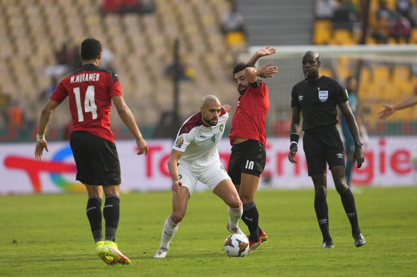 Morocco&#039;s Sofyan Amrabat (C) and Egypt&#039;s Mohamed Salah during the African Cup of Nations at Ahmadou Ahidjo Stadium, Yaounde, Cameroon, Jan. 30, 2022. (Getty Images Photo)