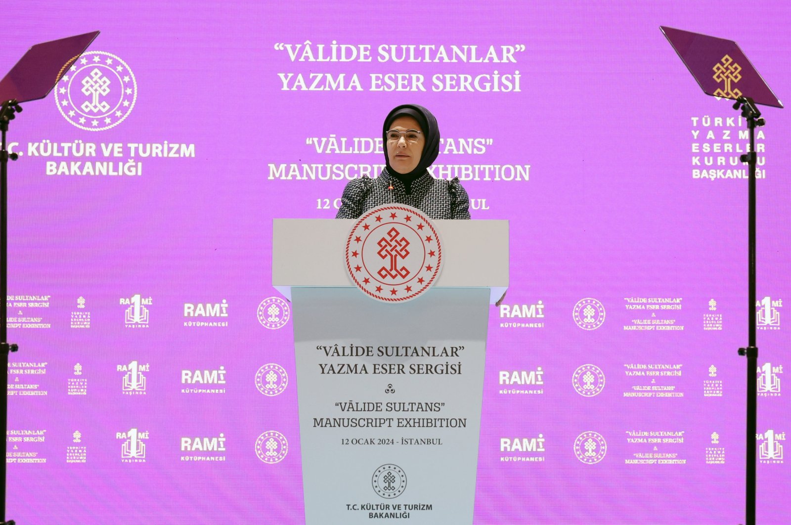 First Lady Emine Erdoğan speaks at the inauguration ceremony of the “Valide (Mother) Sultans Manuscripts Exhibition” in Istanbul, Jan. 12, 2023. (AA Photo)