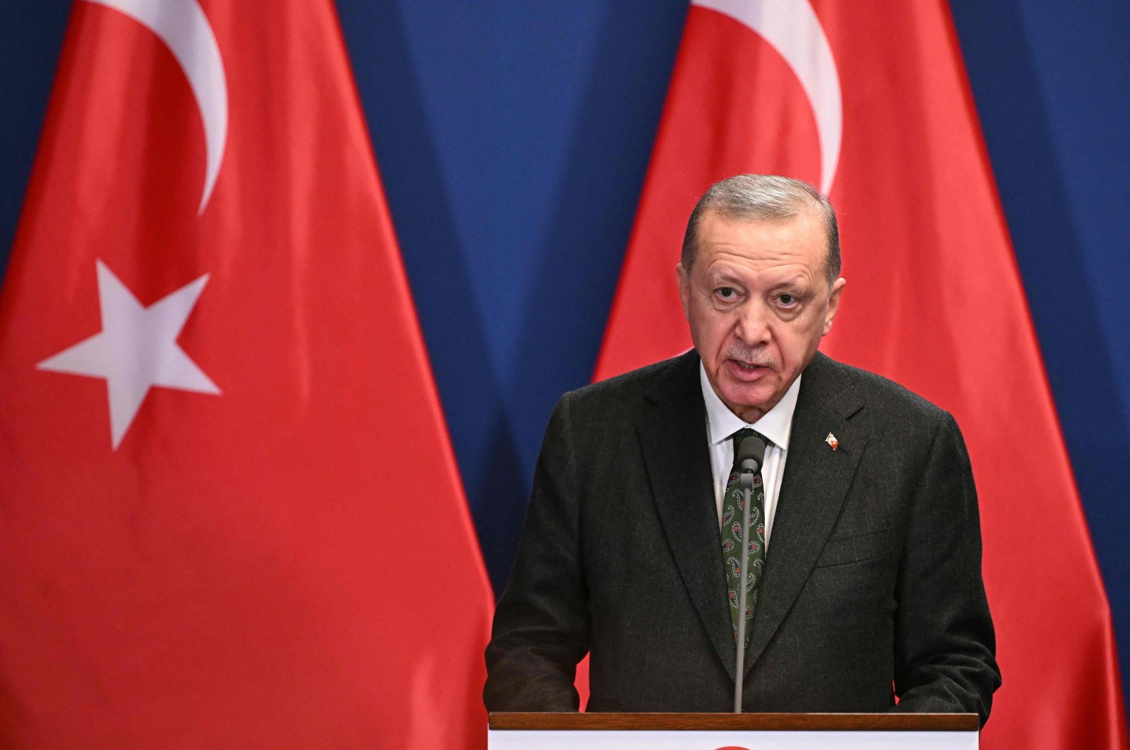 President Recep Tayyip Erdoğan attends a joint news conference with the Hungarian Prime Minister after talks at the prime minister&#039;s office at the Carmelite Monastery in Budapest, Hungary, on Dec.18, 2023. (AFP File Photo)