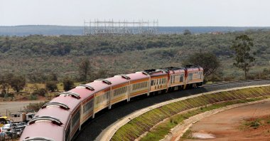 An aerial view shows a train on the Standard Gauge Railway (SGR) line in Kimuka, Kenya, Oct. 16, 2019. (Reuters Photo)