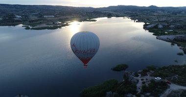 Aerial view of balloon floating above Phyrgian Valley, captivating natural and historic site in Afyonkarahisar, Türkiye, Jan. 11, 2024. (AA Photo)