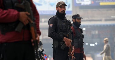 In this file photo Pakistani security personnel wait at a checkpoint in Peshawar, Pakistan, Dec. 18, 2023. (EPA Photo)