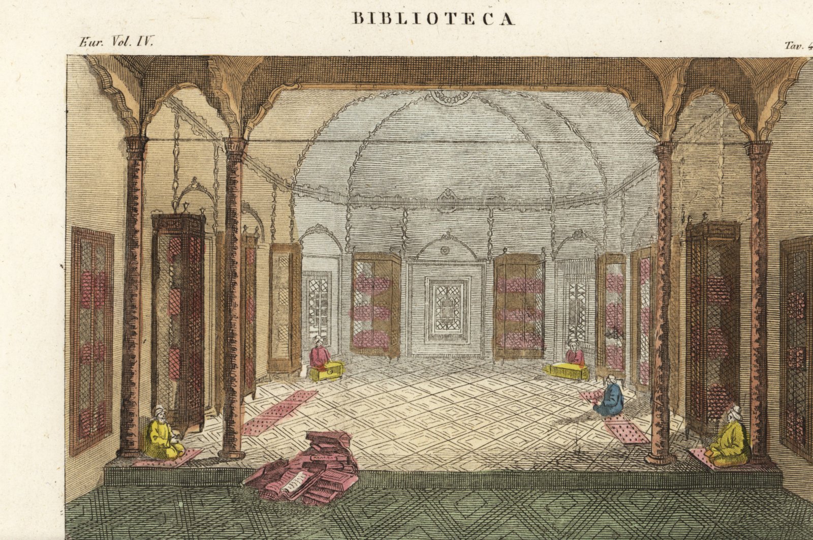 A hand-colored copperplate engraving by Antonio Verico shows the public library of Abdul Hamid I, Sultan of the Ottoman Empire, 1773-1789. (Getty Images Photo)