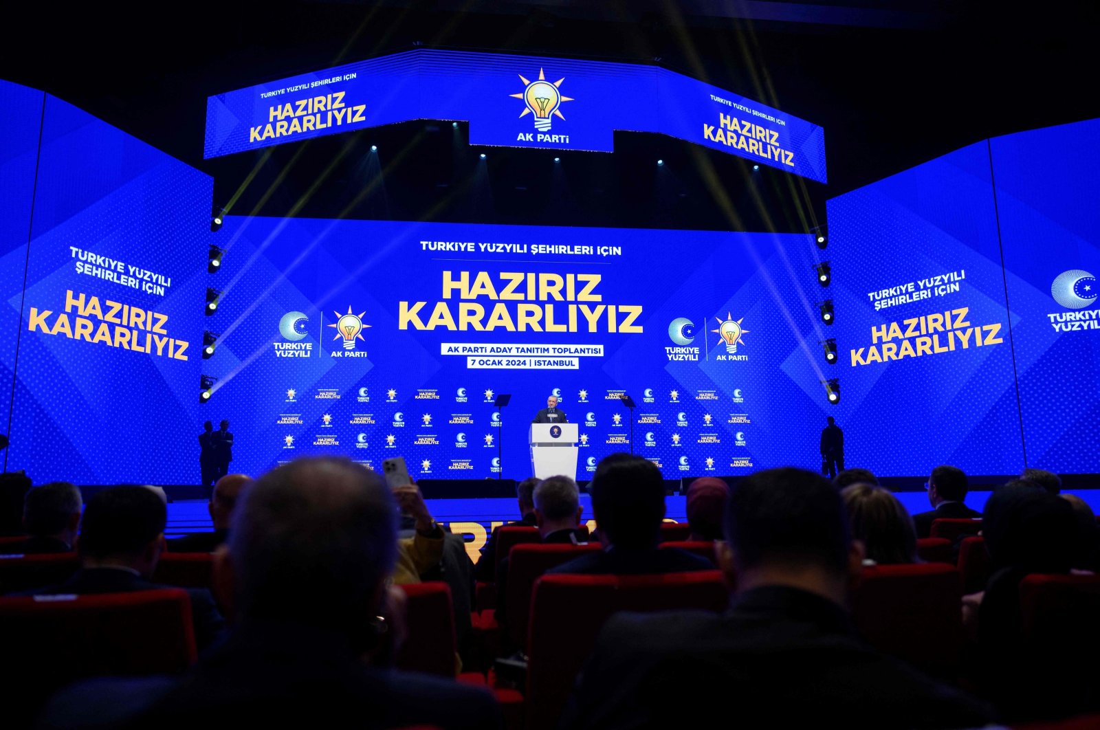 President Tayyip Erdoğan speaks as he announces Murat Kurum as his ruling Justice and Development Party (AK Party) candidate in Istanbul&#039;s upcoming mayoral election in March, Istanbul, Türkiye, Jan. 7, 2024. (AFP Photo)