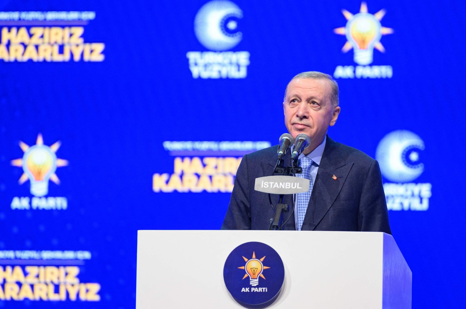 President Recep Tayyip Erdoğan speaks as he announces Murat Kurum as his ruling Justice and Development Party (AK Party) candidate in upcoming mayoral elections in March, Istanbul, Türkiye, Jan. 7, 2024. (AFP Photo)