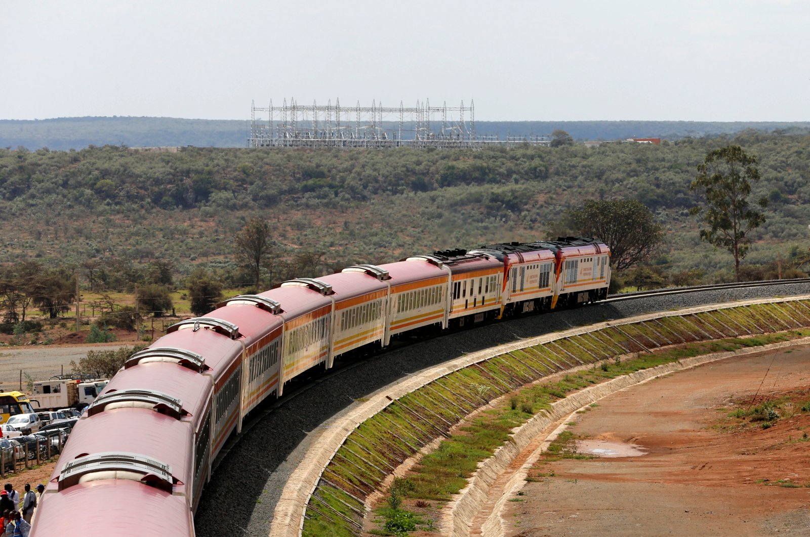 An aerial view shows a train on the Standard Gauge Railway (SGR) line in Kimuka, Kenya, Oct. 16, 2019. (Reuters Photo)