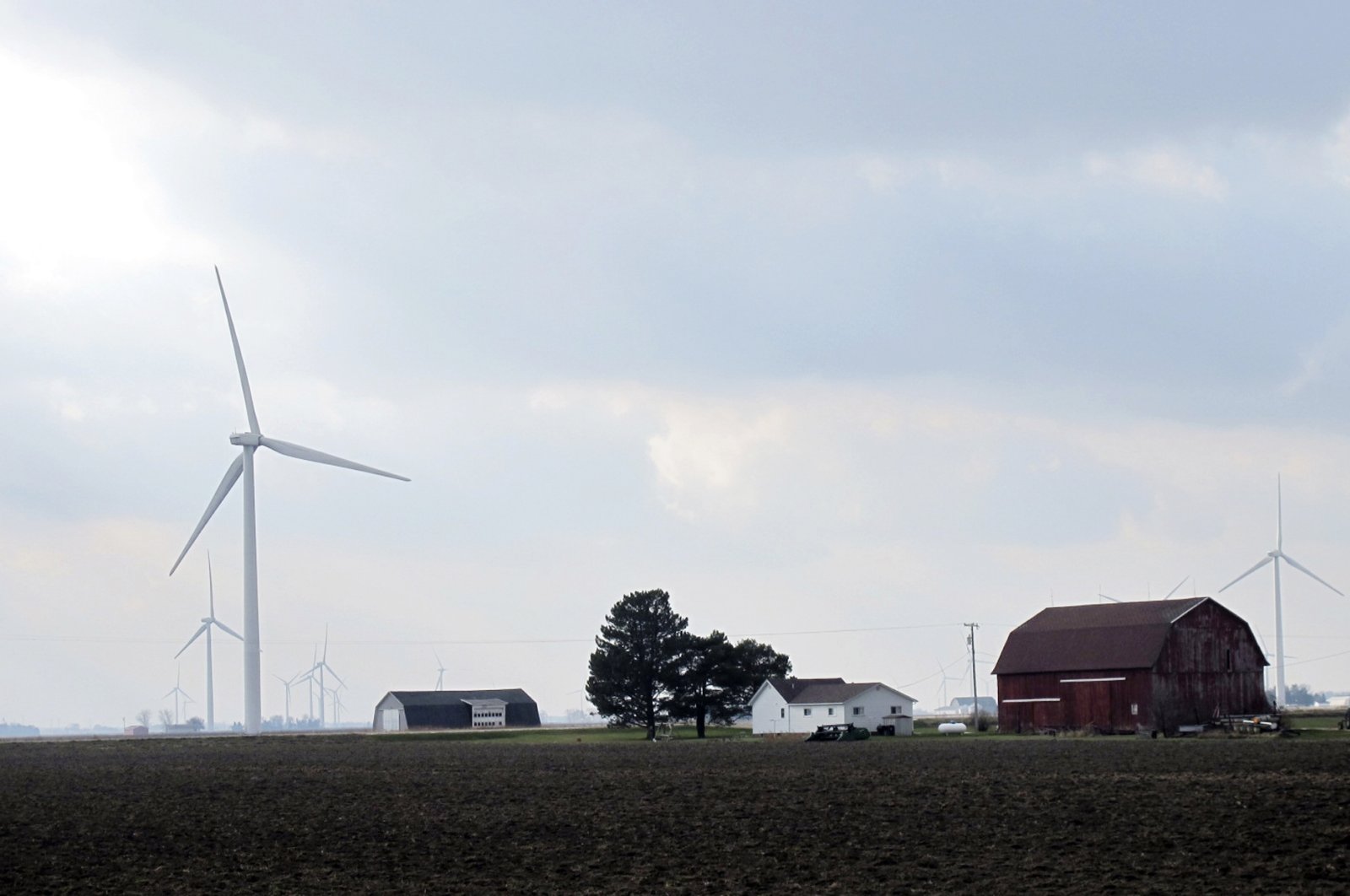 Wind turbines are scattered across farmland near Port Austin, Michigan, U.S., Dec. 3, 2014. (AP Photo)