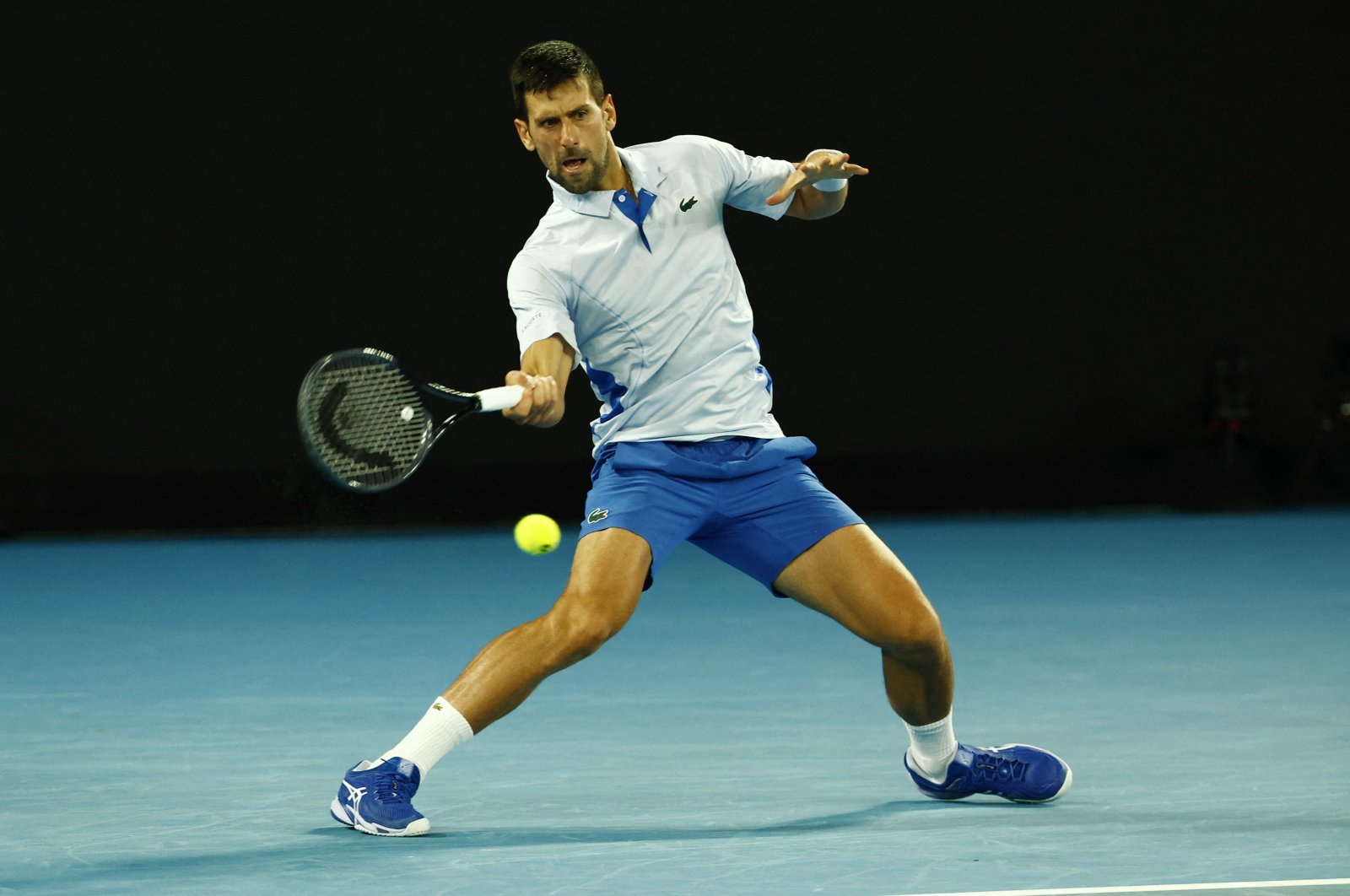 Serbia&#039;s Novak Djokovic in action during his Australian Open first round match against Croatia&#039;s Dino Prizmic, Melbourne, Australia, Jan. 14, 2024. (Reuters Photo)