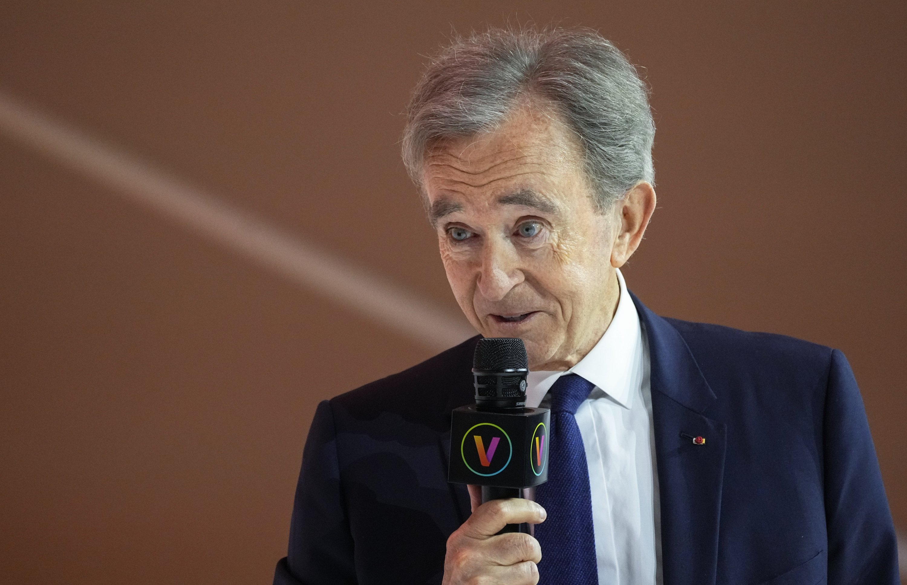 LVMH luxury group CEO Bernard Arnault speaks during an event at the Vivatech show, Paris, France, June 15, 2023. (AP Photo)