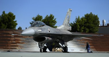 A Greek F-16 Viper fighter jet prepares for takeoff at Tanagra air force base north of Athens, Greece, Sept. 12, 2022. (AP Photo)