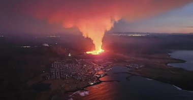 An aerial view of lava as the volcano erupts near Grindavik, Iceland, Jan. 14. 2024. (AP Photo)