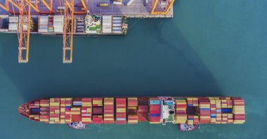 An aerial view of a freight ship with cargo containers is seen in this undated photo, Istanbul, Türkiye. (Getty Images Photo) 