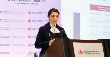 Central Bank of the Republic of Türkiye (CBRT) Governor Hafize Gaye Erkan speaks during a meeting to announce the inflation report, in Ankara, Türkiye, Nov. 2, 2023. (IHA Photo)