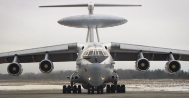 A Russian Beriev A-50 maneuvres at the Machulishchy Air Base near Minsk, Belarus, March 3, 2023. (AP Photo)