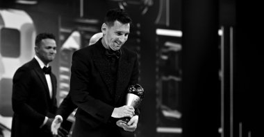 Lionel Messi with his trophy after being named the Best FIFA Mens Player during the Best FIFA Football Awards 2022, Salle Pleye, Paris, France, Feb. 27, 2023. (Getty Images Photo)