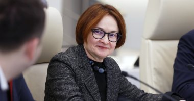 Russian Central Bank Chief Elvira Nabiullina attends a meeting on economic issues led by Russian Prime Minister Mikhail Mishustin, Moscow, Russia, Feb. 14, 2023. (AP Photo)