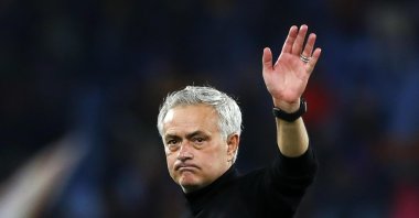 Roma's coach Jose Mourinho gestures after winning the Coppa Italia round of 16 match between AS Roma and US Cremonese, Rome, Italy, Jan. 3, 2024. (EPA Photo)