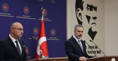 Croatian Foreign Minister Gordan Grlic Radman (L) and Foreign Minister Hakan Fidan hold a joint news conference, Ankara, Türkiye, Jan. 16, 2024. (AFP Photo)