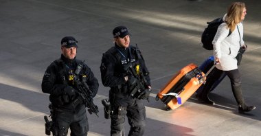 Armed British Transport Police officers on patrol at Kings Cross station in London, Dec. 19, 2017. (Reuters File Photo)