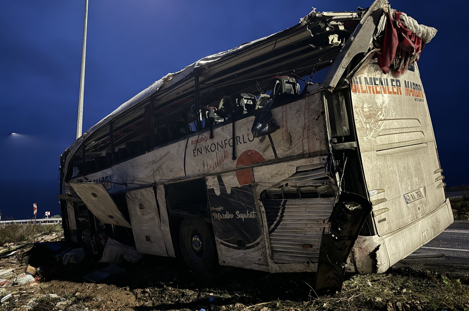 A view of the overturned bus after the accident in Mersin, southern Türkiye, Jan. 16, 2024. (AA Photo)