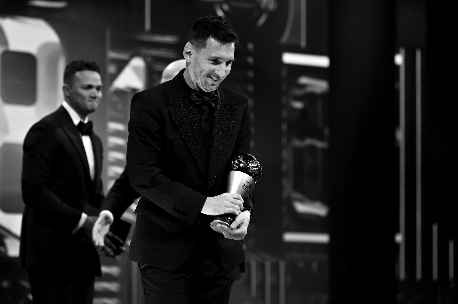 Lionel Messi with his trophy after being named the Best FIFA Mens Player during the Best FIFA Football Awards 2022, Salle Pleye, Paris, France, Feb. 27, 2023. (Getty Images Photo)