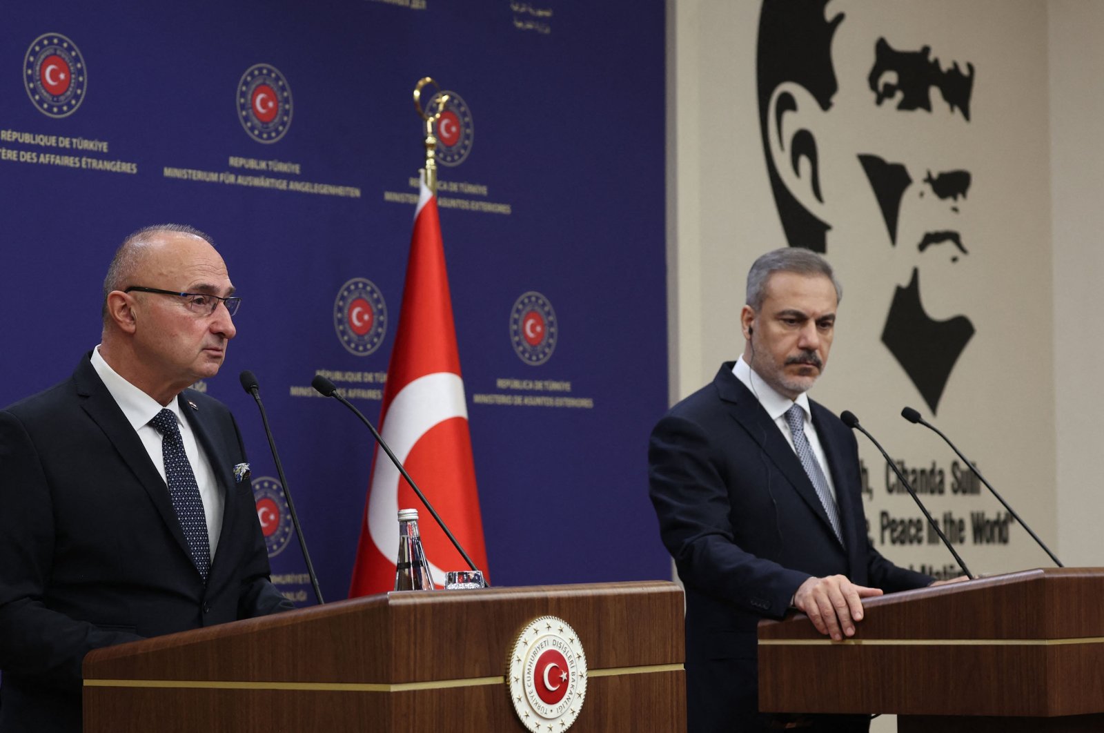 Croatian Foreign Minister Gordan Grlic Radman (L) and Foreign Minister Hakan Fidan hold a joint news conference, Ankara, Türkiye, Jan. 16, 2024. (AFP Photo)